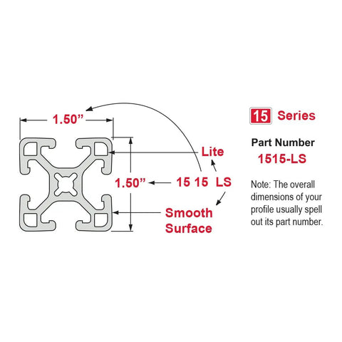 Top Shelf Heavy Duty T Slot Aluminum Extrusion And Precision Linear Motion Rail For Badass Diy Projects And Custom Workshop Frames 48 Inches Long With Smooth Clear Anodized Finish dimensions diagram showing 1.50 inches width and smooth surface.