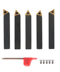 Five 3/8-in indexable carbide lathe tool holders with TCMT110204 inserts, plus red hex key and six screws.