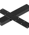 Six Pack Heavy Duty Black Carbon Steel Flat Mending Brackets With Twelve Countersunk Screw Holes stacked, ideal for furniture reinforcement.