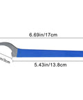 Extended Handle Heavy Duty Steel Galvanized Beer Tap Wrench for Draft Systems with blue handle and dimensions shown.