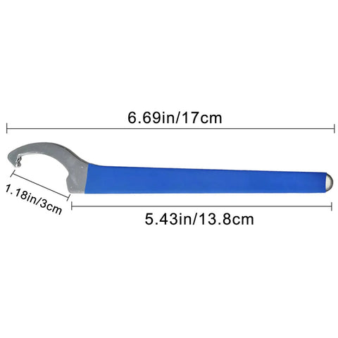 Extended Handle Heavy Duty Steel Galvanized Beer Tap Wrench for Draft Systems with blue handle and dimensions shown.