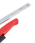 Red handle and metal guide rail of Heavy Duty Hold Down Clamp With Ratchet Mechanism For Bench Dogs And Woodworking, Pro Grade Workbench Clamp
