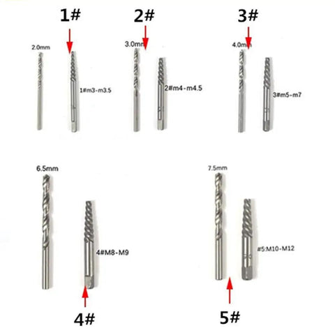 Pro Grade 11 Piece Damaged Screw Extractor Set with drill bits sizes 2mm to 7.5mm, visible with labeled measurements.