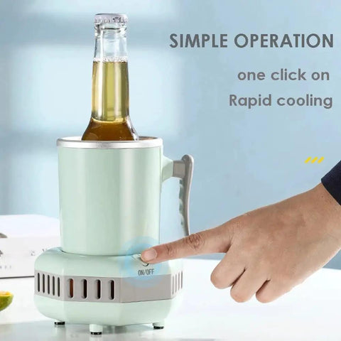Portable Electric Mini Fridge and Instant Beverage Cooler for Car or Desk Keeps Your Sweet Sips Ice Cold Zero Extra Ice Needed, showing one-click operation with a bottle inside.