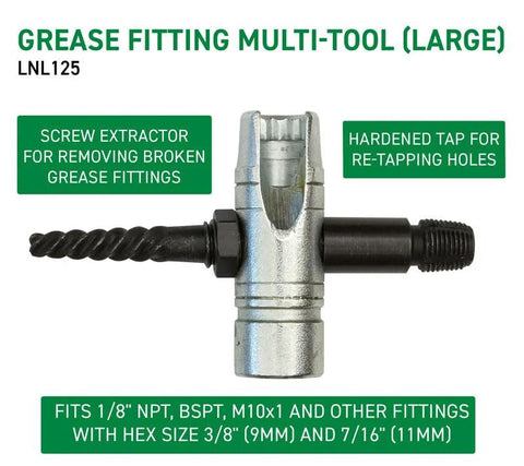 LockNLube Large grease fitting multi-tool; metal body with left screw extractor and right hardened tap