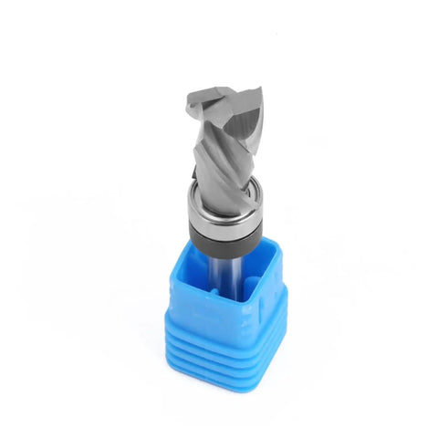 Heavy Duty Compression Flush Trim Router Bit With 1/4 Inch Solid Carbide Shank, suitable for CNC, stored in protective blue case.