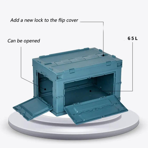 Hella Big Folding Storage Bins With Secure Lid 65L Large Collapsible Truck Bed And Car Trunk Organizer Crate showing open flip cover design.