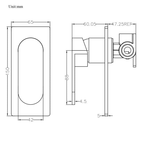 Technical drawing of Wall Mount Manual Shower Valve Kit With Ceramic Cartridge Single Lever Shower Mixer Pressure Balance Rough In Valve Body Matte Black Trim And Handle Easy Hot And Cold Water Control