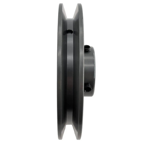 Side view of 5/8 Inch Bore 4.75 Inch OD One Groove V Belt Pulley Cast Iron Motor Pulley For AX A 3L 4L V Belts With 5/8 Shaft And Keyseat 3/16 By 3/32 Statically Balanced Rust Resistant Finish Built Like A Workhorse In The Shop