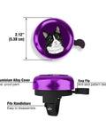 Purple Aluminum Round Bike Bell For Adults And Kids Dope Black White Tuxedo Cat Design Classic Ring Bicycle Bell Lightweight Durable Easy To Install And Use On Any Bike. 53.8 mm purple aluminum bike bell with cat design and handlebar mount