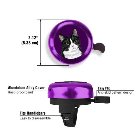Purple Aluminum Round Bike Bell For Adults And Kids Dope Black White Tuxedo Cat Design Classic Ring Bicycle Bell Lightweight Durable Easy To Install And Use On Any Bike. 53.8 mm purple aluminum bike bell with cat design and handlebar mount