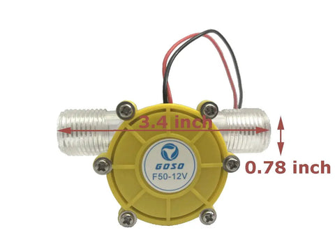 DIY Micro Hydroelectric 10W Water Turbine Generator For Off Grid Power, 12V DC Output For LED Lighting And Phone Charging, Three Quarters Inch NPT Thread Compatible Water Flow Generator, Durable Yellow, dimensions labeled