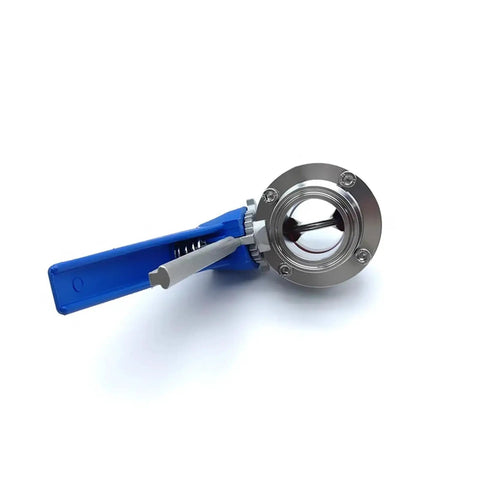 Built Tough 304 Stainless Tri Clamp Squeeze Trigger Flow Control Valve For 119 mm Pipe Outer Diameter And 108 mm Ferrule One Piece Design For Tight, Leak Free Flow, top view showing valve and blue handle
