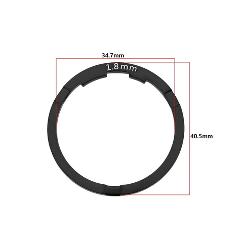 Two Pack Bike Flywheel Cassette Spacer 1.8mm Flywheel Gasket For Eight Nine Ten Eleven Speed Mountain Bikes Easy Install Tight Fit Reduces Shake 40.5 By 34.7 mm Black. Image shows black 1.8mm gasket with measurements.