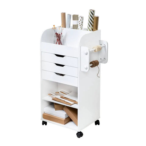 Game Changing Rolling Craft Storage Cart With Three Roomy Drawers And Broad Open Shelves For Bulk Wrapping Paper Ribbon Spools And DIY Gear Featuring Easy Glide Locking Wheels To Keep Your Studio Hustle Neat