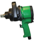 Heavy Duty Pneumatic Impact Wrench Delivering Blistering 4300 Rpm With Half Inch Drive side view with green handle and black housing.