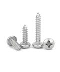 Heavy Duty 12 By 1 Inch Pan Head Phillips Sheet Metal Self Tapping Screws Rust Free 304 Stainless Steel Fasteners 50 Pack shown in various angles.