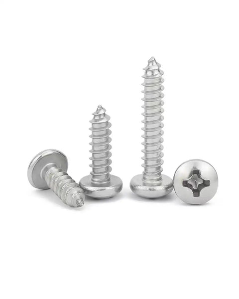 Heavy Duty 12 By 1 Inch Pan Head Phillips Sheet Metal Self Tapping Screws Rust Free 304 Stainless Steel Fasteners 50 Pack shown in various angles.