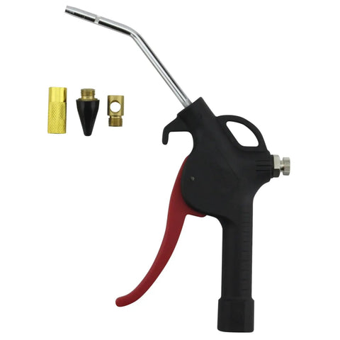 Pistol Grip Blow Gun Kit With Safety Tip Nozzle And Kwik-Change Universal Tip System 90 Max PSI Four Piece Set shown with attachments