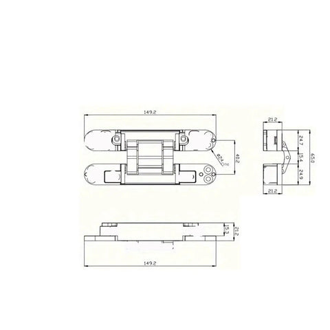Technical diagram of 2 Pack Adjustable Cross Style Hidden Door Hinges for a sleek concealed look with measurements