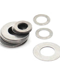 Ultra Thin Stainless Steel Flat Washer Set Kit For Auto And Diy, Pro Grade Precision Gasket Shims M3 To M30, 10-100 Pcs, 0.1, 0.2, 0.3, 0.5mm Thick, Includes M8x12 Pack 50, Super Easy To Keep Bolts Tight, stainless steel washers on white background