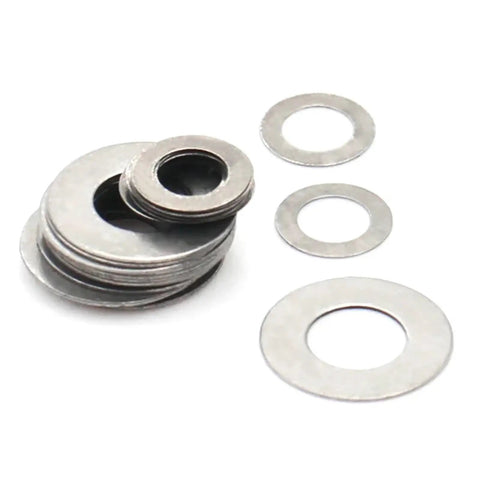 Ultra Thin Stainless Steel Flat Washer Set Kit For Auto And Diy, Pro Grade Precision Gasket Shims M3 To M30, 10-100 Pcs, 0.1, 0.2, 0.3, 0.5mm Thick, Includes M8x12 Pack 50, Super Easy To Keep Bolts Tight, stainless steel washers on white background