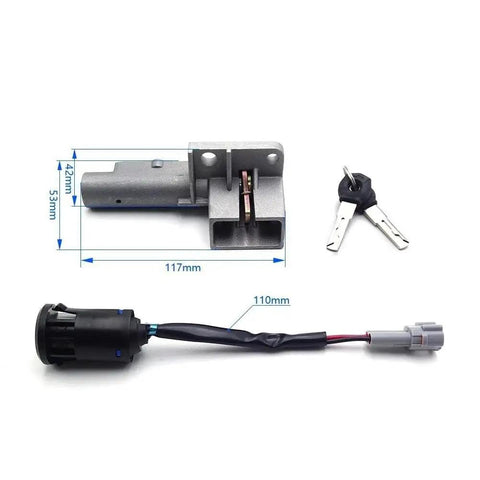 Motorcycle Ignition Switch Locks For Surron Light Bee X S Electric Off Road Motorbike ATV Dirt Bike Barrel Lock Durable Locking Cylinder For Quick Safe Start And Theft Prevention, with keys and wiring, dimensions labeled.
