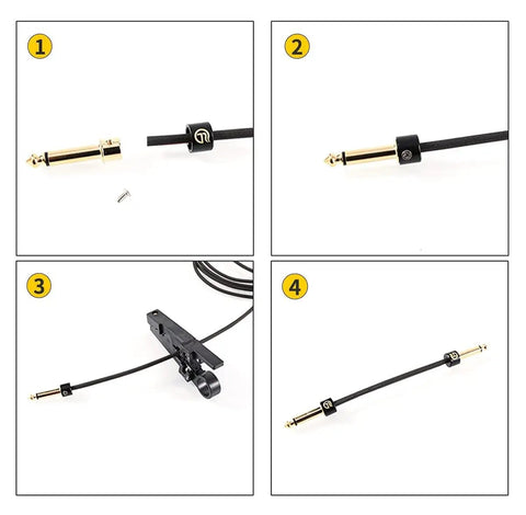 Steps for assembling Solderless Pedalboard Cable Kit for Guitar Effects, showing connectors, cable, cutter, and complete assembly