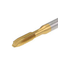 Heavy Hitters M3.5 X 0.6 Spiral Point Plug Tap For Quick Thread Repair, Premium titanium coated HSS cutter close-up.