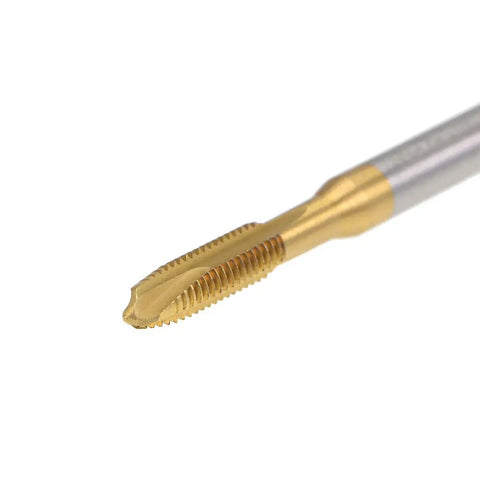 Heavy Hitters M3.5 X 0.6 Spiral Point Plug Tap For Quick Thread Repair, Premium titanium coated HSS cutter close-up.