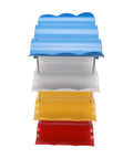 Top view of Go-To Four-Tier Stackable Cup Organizer with Wave Shape Bottle Rack in blue, gray, yellow, and red tiers.