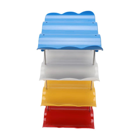 Top view of Go-To Four-Tier Stackable Cup Organizer with Wave Shape Bottle Rack in blue, gray, yellow, and red tiers.