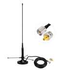 Go-To Dual Band Vehicle Ham Radio Antenna With Ground Planes Magnetic Base Mount For 136-174 MHz VHF And 400-470 MHz UHF Long Soft Whip 42 Cm Antenna 5m RG58 Cable PL259 Male Connector For Car Marine, showing antenna with cable and connectors