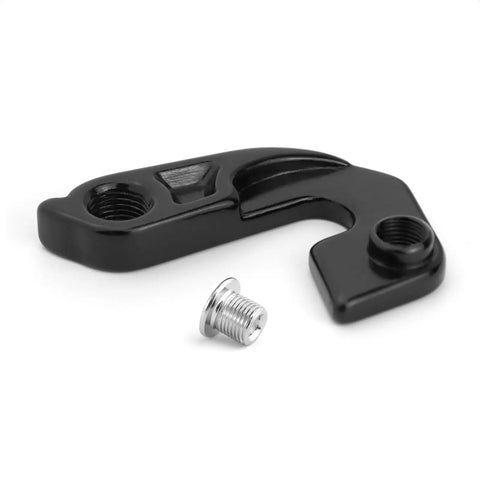 Black metal derailleur hanger replacement for Specialized mountain and road bikes with precise shifting, includes bolt