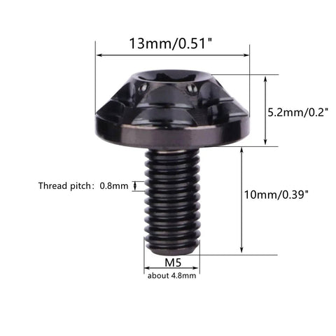 Beefy Titanium M5x10mm Torx Head Bolt T30 Set for Bikes and Motorcycles, 6AL-4V TC4 Grade 5, Black Finish, dimensions shown