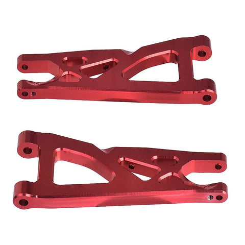 Red anodized aluminum suspension arms set for 1/10 scale RC trucks featuring improved rigidity and crash resistance.