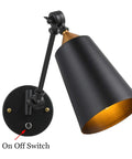 Two Pack Industrial Plug In Wall Sconces With On Off Switch Vintage Edison Swing Arm Black Metal Shade close-up angle view