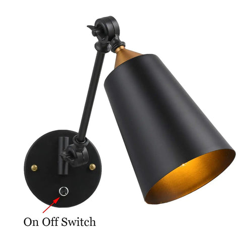 Two Pack Industrial Plug In Wall Sconces With On Off Switch Vintage Edison Swing Arm Black Metal Shade close-up angle view
