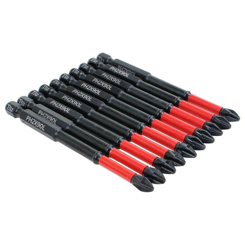 Set of 10 Philips PH2 magnetic anti-slip screwdriver bits with red sleeves, 90mm long