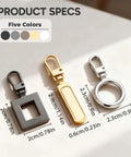Removable Universal Anti Slip Zipper Pull Replacement Kit For Jackets Luggage Backpacks Purses Boots Pants And Tents Easy Install Zipper Repair Tabs 5PCS in three shapes with dimensions and five color options.