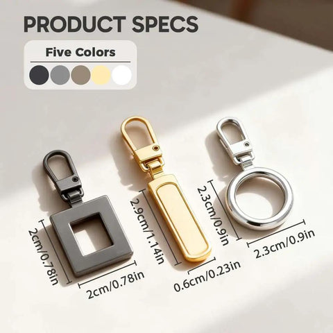 Removable Universal Anti Slip Zipper Pull Replacement Kit For Jackets Luggage Backpacks Purses Boots Pants And Tents Easy Install Zipper Repair Tabs 5PCS in three shapes with dimensions and five color options.