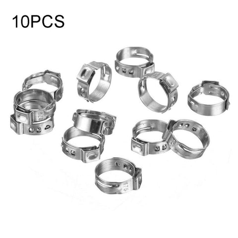 Go-To 10-Piece PEX Stainless Steel Clamp Ring Set for Crimp Fittings and Single Ear Hose Clamps 7-14mm Range on white background