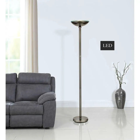 Saturn LED Torchiere Floor Lamp With Ocean Blue Diffuser 71 Inch Touch Dimmer in modern living room near grey sofa