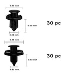 Close-up of black push pin rivets with dimensions for All In One Car Retainer Clips Kit 200 Pieces Plastic Fasteners Set For Auto Body Panels