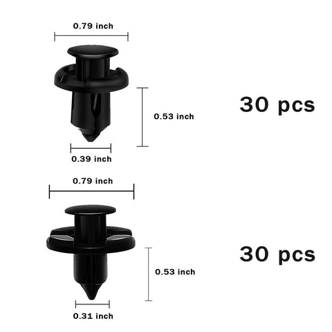 Close-up of black push pin rivets with dimensions for All In One Car Retainer Clips Kit 200 Pieces Plastic Fasteners Set For Auto Body Panels
