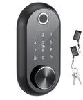 Premium Matte Black Smart Biometric Door Lock With Touchscreen Keyless Entry Featuring Boss Level Fingerprint Security And No Sweat Operation For Your Home Or Apartment with keypad and keys.