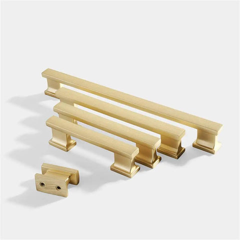 Modern Gold Brushed Cabinet Handles Zinc Alloy Long Drawer Pulls For Kitchen Drawers And Wardrobe Doors With Easy Peasy Mounting Solid Build Rust Resistant Finish set in varying lengths on a white background.
