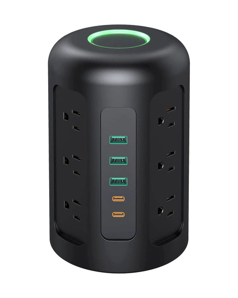 Front view of 12 Outlets Power Strip Tower with 20W USB C PD Fast Charging, 2 USB C Ports and 3 USB A Ports, black vertical design.