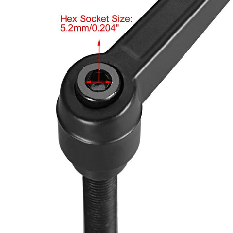 Close-up of M10 X 60mm Adjustable Clamping Lever with Push Button, showing 5mm hex socket and black oxide carbon steel finish.