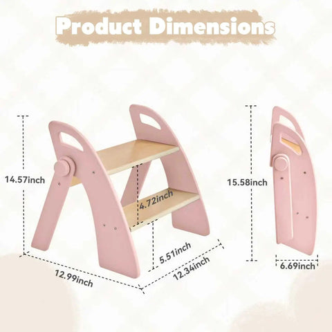 Sturdy Wooden Two Step Stool For Kids Featuring Quick Fold Design And Rock Solid Base Perfect For Potty Training Bathroom Sinks Kitchen Counters And Closet Reach In Real Cool Pink with dimensions displayed.
